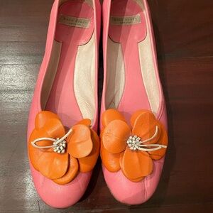 Kate Spade pink with orange flowers, leather flats, Size 8.5